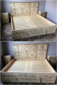 the bed frame is made out of wood and has no headboard or foot board