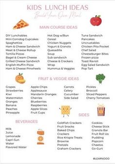 kids lunch ideas list with food and drinks