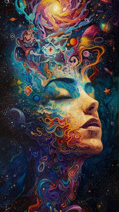 a woman's face is surrounded by colorful swirls and stars in the sky