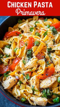 chicken pasta prima veggie in a skillet with the title text above it