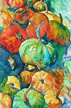 watercolor painting of pumpkins and gourds in a pile on the table