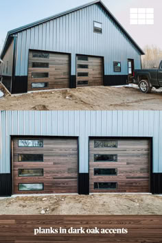 Dark Oak plank wood style single garage doors with vertically stacked windows on left side Gray Metal Building, Barn Makeover, Porch Beams, Cottage Garage, Faux Wood Garage Door, Garage Designs, Barn Homes Floor Plans, Wood Garage Doors