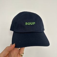 Soup Hat – Wear Your Snacks Trendy Cotton Fitted Cap, Trendy Cotton Fitted Hat, Trendy Cotton Snapback Hat With Short Brim, Cotton Baseball Cap With Sweatband, Cotton Baseball Cap One Size Fits Most, Cotton Baseball Cap With Embroidered Curved Visor, Cotton Dad Hat With Embroidered Text, Embroidered Cotton Baseball Cap, Embroidered Cotton Fitted Baseball Cap