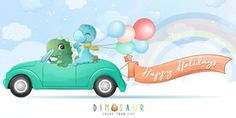 a dinosaur riding in the back of a green car with balloons and a happy holidays banner