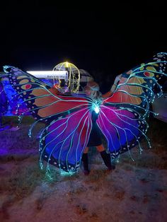 a woman standing next to a butterfly shaped light up