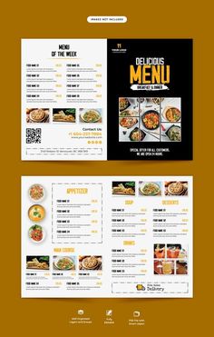 a restaurant menu with an image of food on the front and back cover, in black and