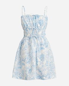 Bow-front mini dress in blue toile linen-cotton blend Blue Toile, Cotton Blend, Summer Dresses, Dresses, Blue