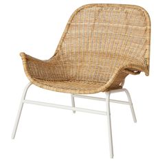 a wicker chair with white legs and an armrest on the back, against a white background