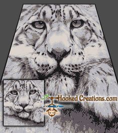 a cross stitch pattern of a snow leopard and her cub, with the caption hooked creations com