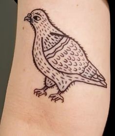 a small bird tattoo on the right side of the leg, with an outline of a large bird