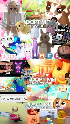 an animated collage of people and animals in various poses, with text that says adopt me