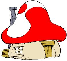 an image of a mushroom house that is red and white with a black dot on the top