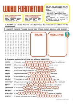 the word formation worksheet is shown in red and yellow, as well as an orange