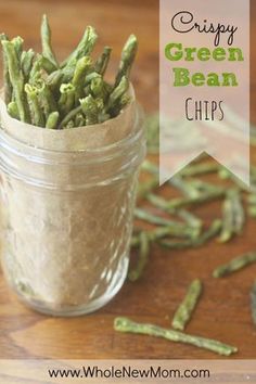 green bean chips in a mason jar on a wooden table with text overlay that reads, green bean chips gluen & dairy free