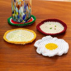 This fun set of coasters is designed and crafted by Mexico's . The artisan crochets the four different coasters by hand, including a watermelon, lemon, egg, and pitaya. Dakota Fields | Dakota Fields Good Taste Crocheted Coaster 2.4 H x 4.9 W x 4.9 D in white / yellowCotton in Yellow / Red / White | 2.4" X 4.9" W X 4.9" D | Wayfair Crocheted Coasters, Watermelon And Lemon, Crochet Coasters, Season Colors, Memorable Gifts, Crochet Tutorial, The Four, Crochet Flowers, Easy Crochet