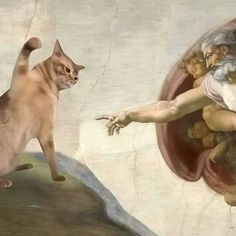 a cat standing in front of a painting with an angel on it's back