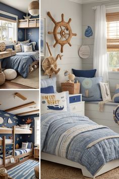 this is a collage of photos with blue and white decor in the bedroom, including bunk beds