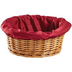 a wicker basket with a red cover on the top and bottom, sitting in front of a white background