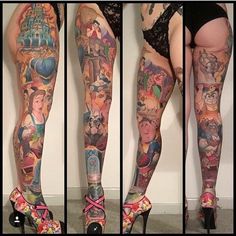 the legs and ankles of a woman with tattoos on her body are covered in images of disney characters