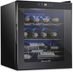 a wine cooler with several bottles in it