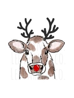 a drawing of a cow with antlers on it's head and red nose