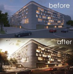 before and after photos of an apartment building in the middle of night, with cars parked outside