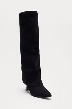 Available In Black And Brown. Knee High Heeled Boots Overlay Detail Pointed Toe 2" Low Heel Imported | Kyson Overlay Boots in Black size 6.5 by Fashion Nova