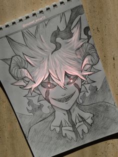 a drawing of an anime character with red eyes and pink hair is on a piece of paper