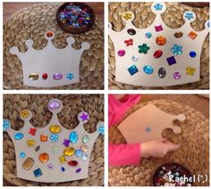 four pictures of different shapes and sizes of paper crowns, with beads on the crown