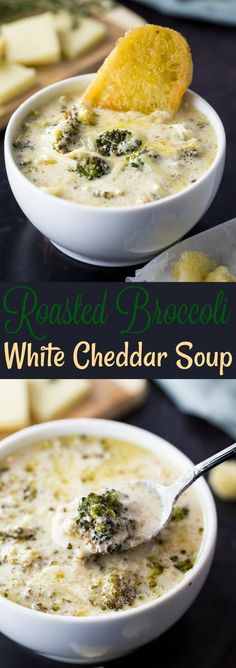 two bowls of white cheddar soup with broccoli and bread on the side