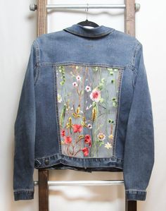 S M L XL Denim jacket w/flowered lace lace paneled jacket | Etsy Floral Print Denim Jacket For Summer, Spring Floral Print Long Sleeve Denim Jacket, Fitted Outerwear With Lace Trim For Spring, Casual Spring Outerwear With Lace Trim, Spring Cotton Outerwear With Lace Trim, Spring Denim Jacket With Floral Print, Fitted Lace Trim Outerwear For Spring, Spring Fitted Outerwear With Lace Trim, Fitted Denim Jacket For Spring