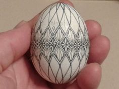 a hand holding an egg with designs painted on it