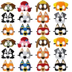 a group of masks with different types of cats and dogs on them, all in different colors