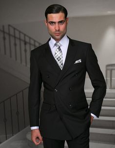 High quality looking?suit has been finely constructed in a luxurious?wool fabric. It is medium-light-weight, which is perfect for year round use. When you feel the softness of the High Twisted fabric, you will know that you are buying one of the best natural fabrics available. Our wool suits are soft, silky, drapes well and resists wrinkles for extra comfort. Jacket with 2 back vents, Hand stitches on lapel and front of jacket, Pants are open inseam and lined to the knee. Black Double Breasted Suit, Modern Fit Suit, Double Breasted Vest, Waist Jacket, Flat Front Pants, Classic Suit, Peak Lapel, Fitted Suit, Double Breasted Jacket