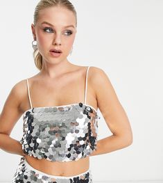 Silver Crop Top, Large Sequins, Strappy Crop Top, Sequin Crop Top, Asos Tops, Skirt And Top Set, Zara Crop Top, Cropped Tops, Denim Gift