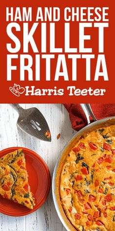 the cover of ham and cheese skillet frittata is shown on a red plate