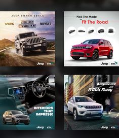 four different jeep brochures are shown in this image