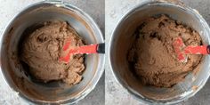 two pictures of the same chocolate cake batter in a mixing bowl, one with red spatula