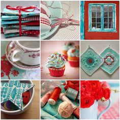 there are many different pictures with red flowers and blue fabric on them, including cupcakes