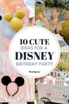 an image of a birthday party with balloons and mickey mouse ears on the table in front of