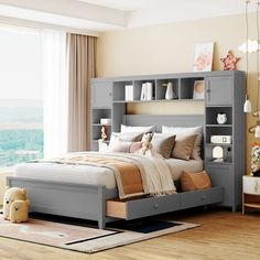 a bed room with a neatly made bed and a book shelf