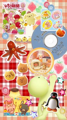 an image of some stickers on a table with animals and other things in the background