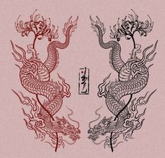 two red and black dragon tattoos on a pink background