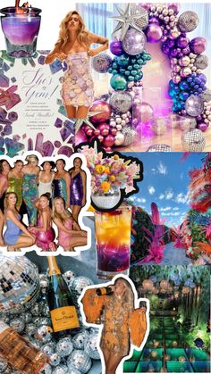 the collage shows many different pictures and colors, including pink, blue, green, purple