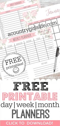 the free printable daily planner is shown with pink flowers on it and text that reads,