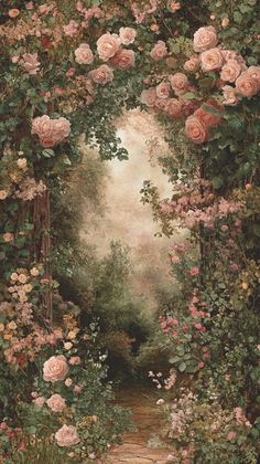 a painting of roses growing over a path in the middle of a forest with trees and bushes