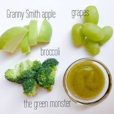 broccoli, grapes, and gravy on a white surface with words describing the ingredients