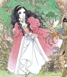 an illustration of a girl in a pink dress standing next to a forest full of animals