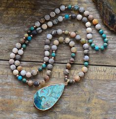 Hand Beaded Necklace, Natural Stones Necklace, Mala Necklace, Teardrop Necklace, A Necklace, Diy Schmuck, Ocean Jasper, Precious Jewelry, Lariat Necklace