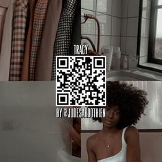 a woman sitting in a bathtub next to a window with qr code on it